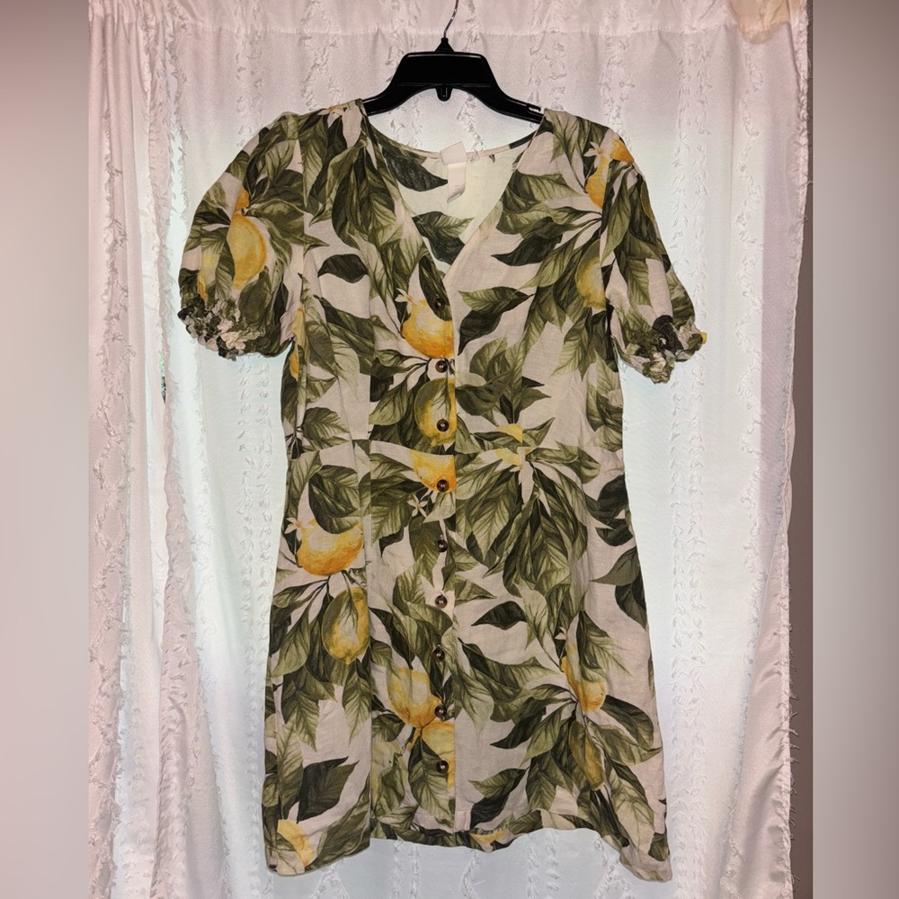 H&M Green and Yellow Lemon Print Midi Dress